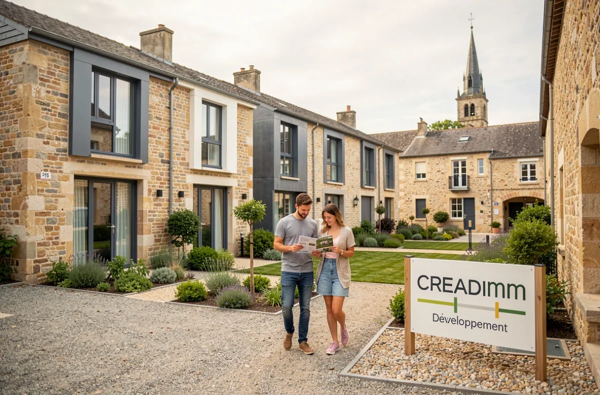 Couple visitant un programme de maisons de ville Creadimm Développement en Normandie