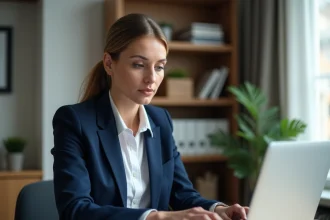 Femme travaillant sur sa déclaration LMNP en ligne depuis son bureau à domicile