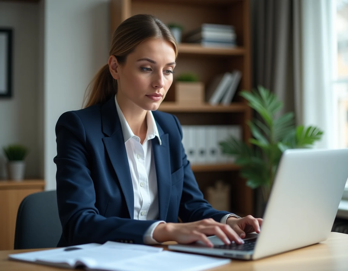 Femme travaillant sur sa déclaration LMNP en ligne depuis son bureau à domicile