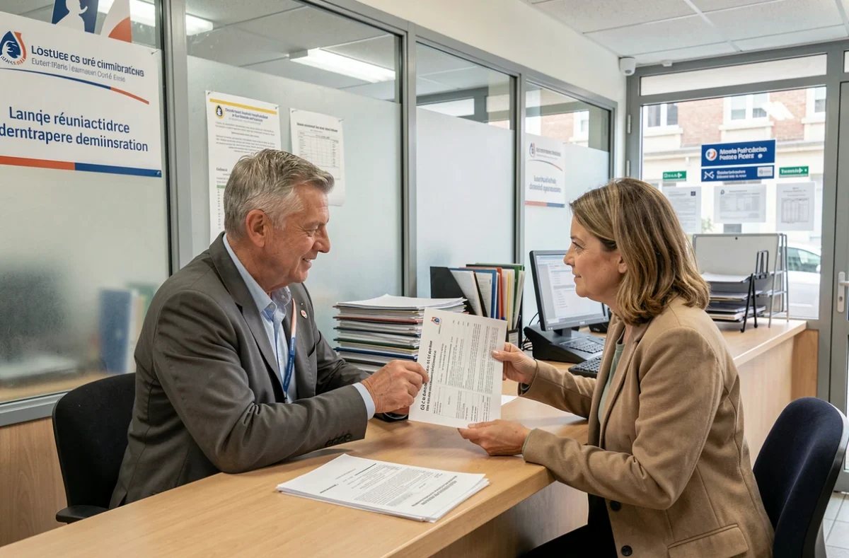 Deux personnes consultant un extrait de propriété dans un bureau administratif pour connaître gratuitement le propriétaire d'un bien immobilier