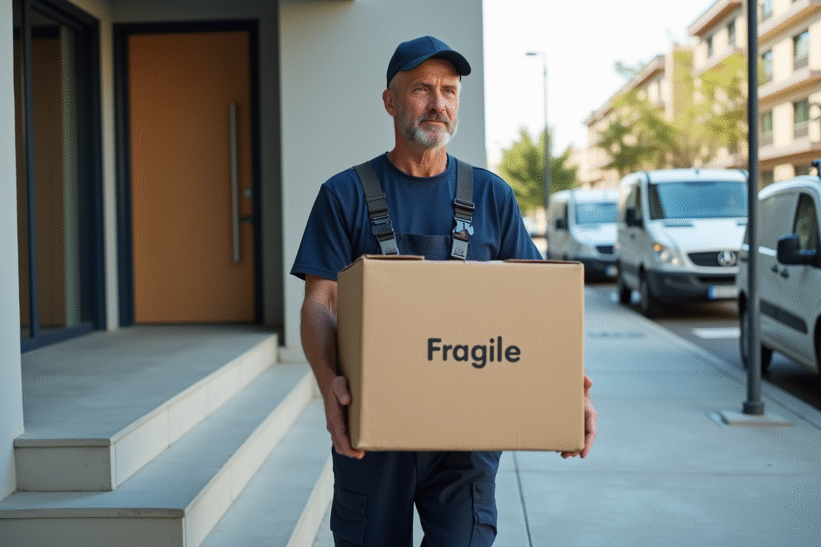 Déménageur en tenue navy portant une boîte fragile en ville