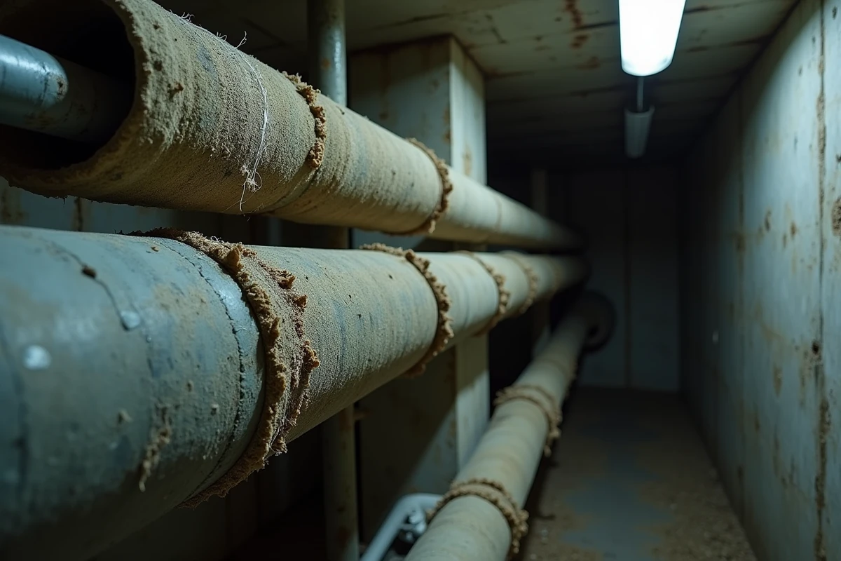 Conduits et canalisations recouverts d'une isolation amiantée dégradée dans un sous-sol de bâtiment industriel