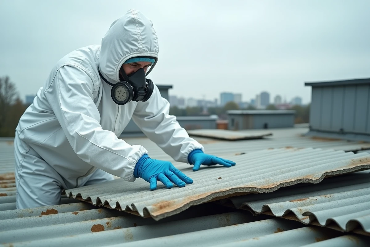 Ouvrier en combinaison de protection effectuant un désamiantage de toiture sur un bâtiment industriel ancien