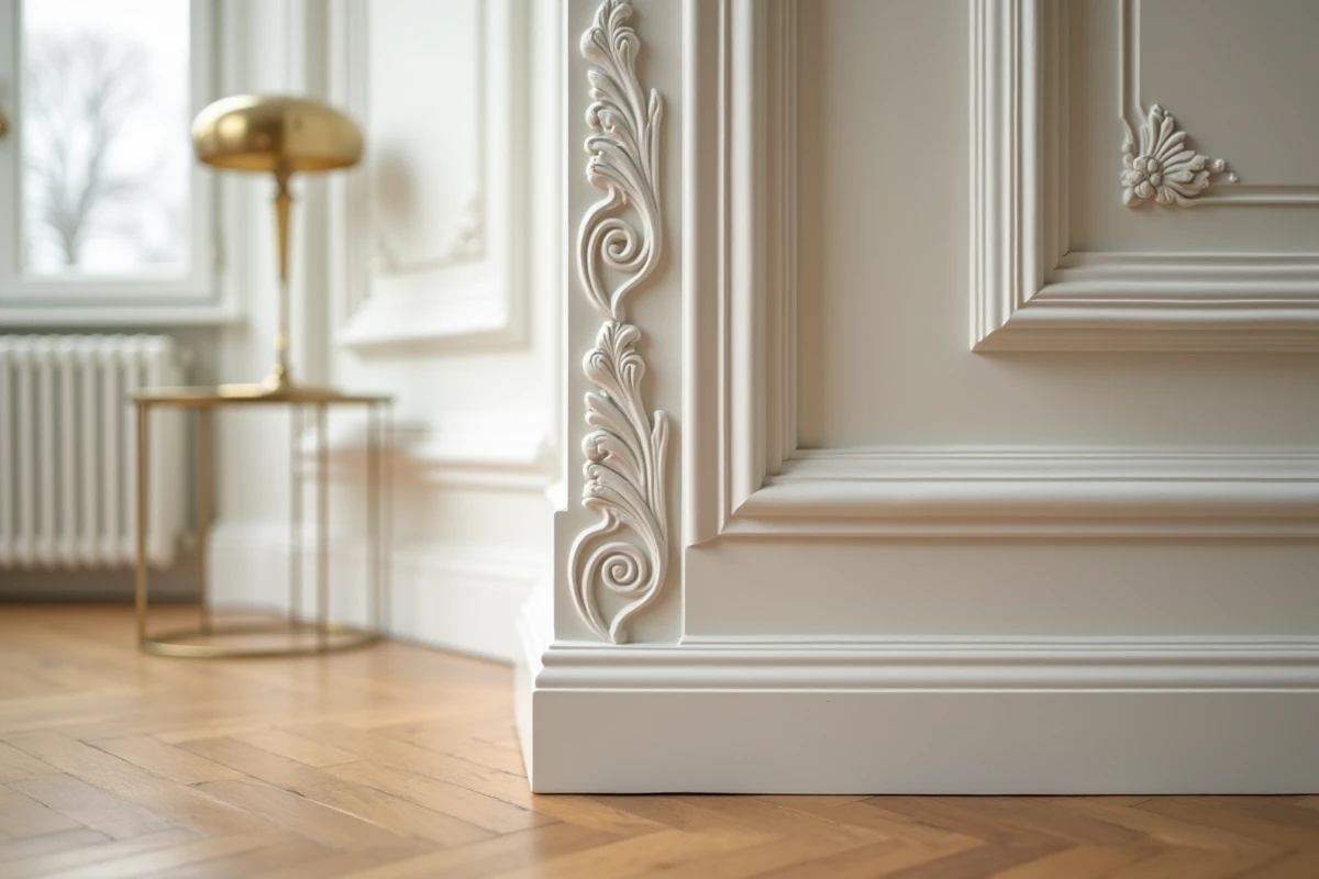 Détail gros plan d'une corniche en plâtre sculpté et parquet à chevrons restauré dans un appartement haussmannien
