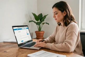 Femme remplissant un formulaire de devis assurance habitation en ligne sur un ordinateur portable dans un bureau à domicile