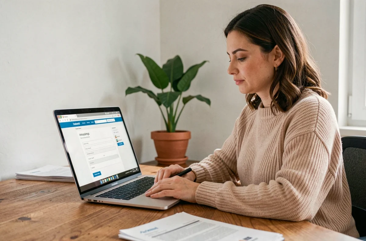 Femme remplissant un formulaire de devis assurance habitation en ligne sur un ordinateur portable dans un bureau à domicile