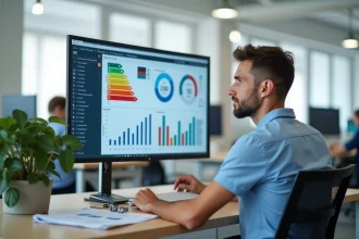 Diagnostiqueur immobilier analysant un logiciel DPE sur ordinateur dans un bureau professionnel moderne