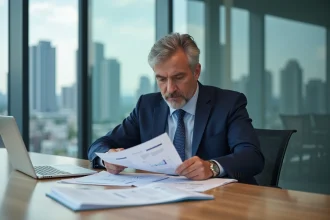 Directeur RH examinant des documents sur le logement des salariés dans une salle de réunion d'entreprise moderne