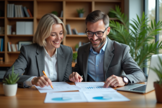 Couple d'adultes discutant de documents dans un appartement lumineux