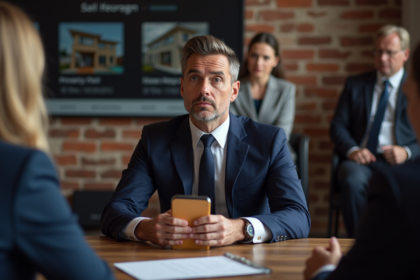 Homme en costume navy lors d'une enchère immobiliere