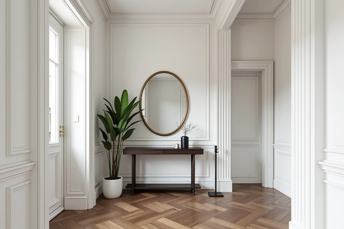 Entrée d'appartement haussmannien avec parquet chevrons en chêne, pilastres en plâtre et console design en chêne fumé