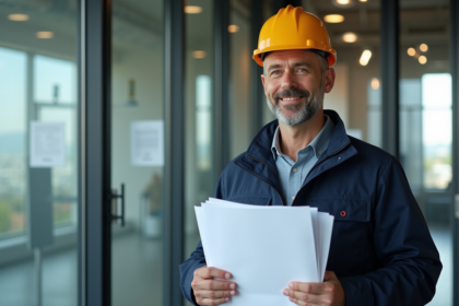 Hommes d'affaires dans la construction avec papiers
