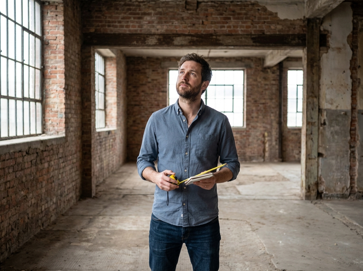 Entrepreneur mesurant un local vide à rénover avant d'y installer son activité professionnelle