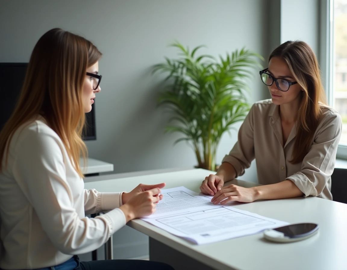 Jeune femme en entretien avec un conseiller logement pour vérifier ses conditions de revenus Cileo