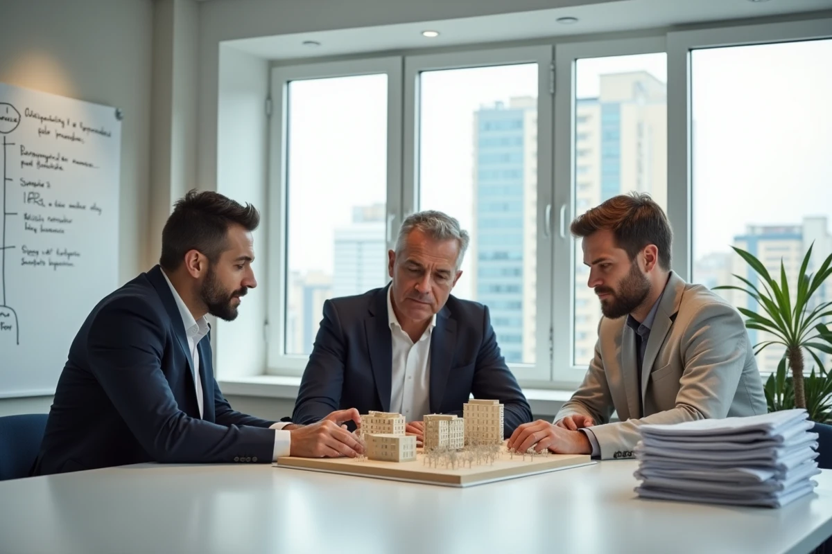 Équipe RSE en réunion autour d'une maquette de projet immobilier durable