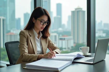 Femme professionnelle examinant attentivement un contrat immobilier pour un condo à Bangkok avant signature
