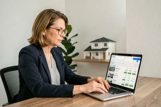 Femme professionnelle consultant un outil d'estimation immobilière en ligne sur son ordinateur portable dans un bureau moderne