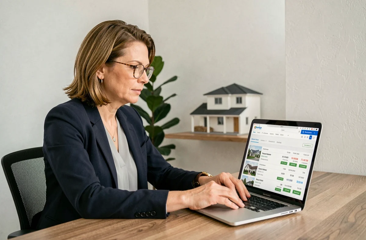 Femme professionnelle consultant un outil d'estimation immobilière en ligne sur son ordinateur portable dans un bureau moderne