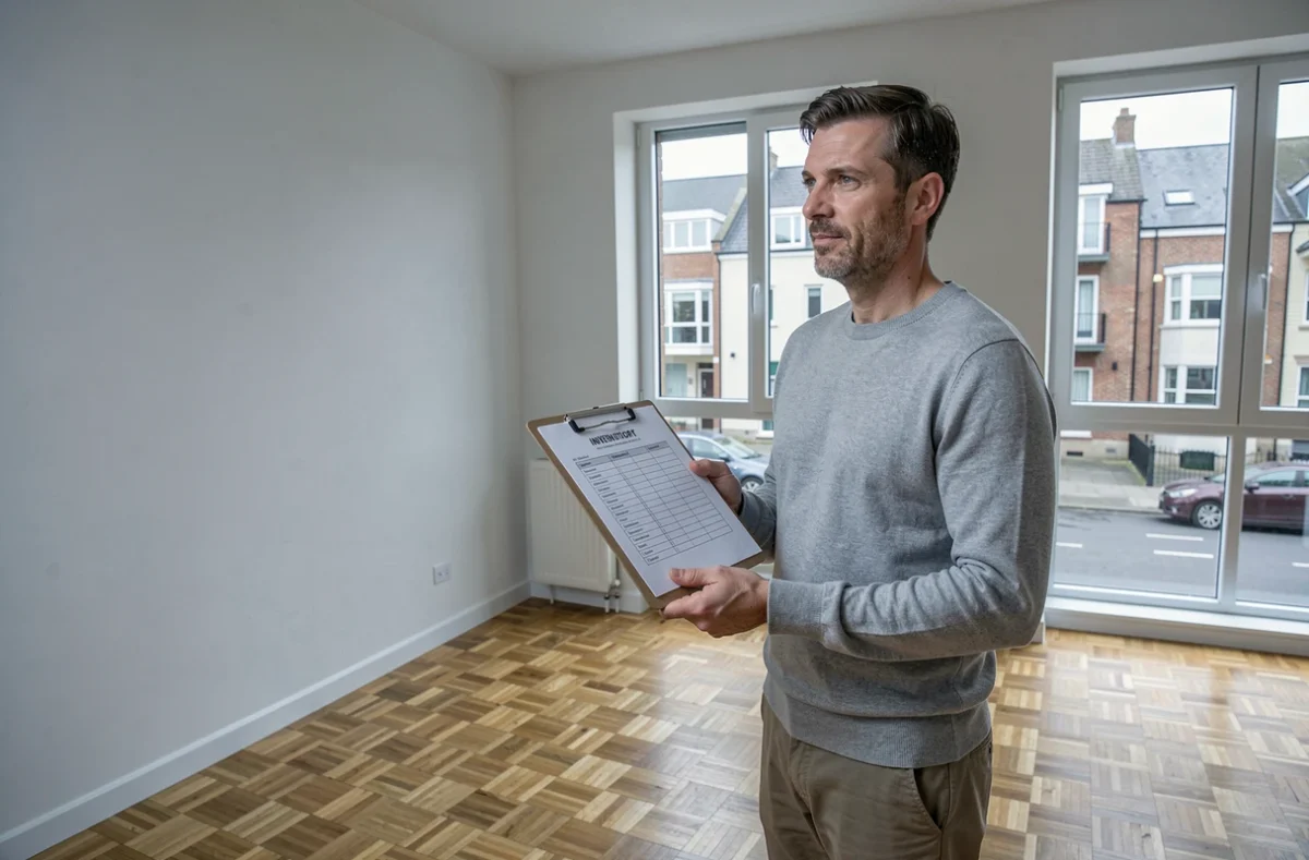 Propriétaire ou agent immobilier réalisant un état des lieux dans un appartement vide avec une liste d'inventaire sur clipboard