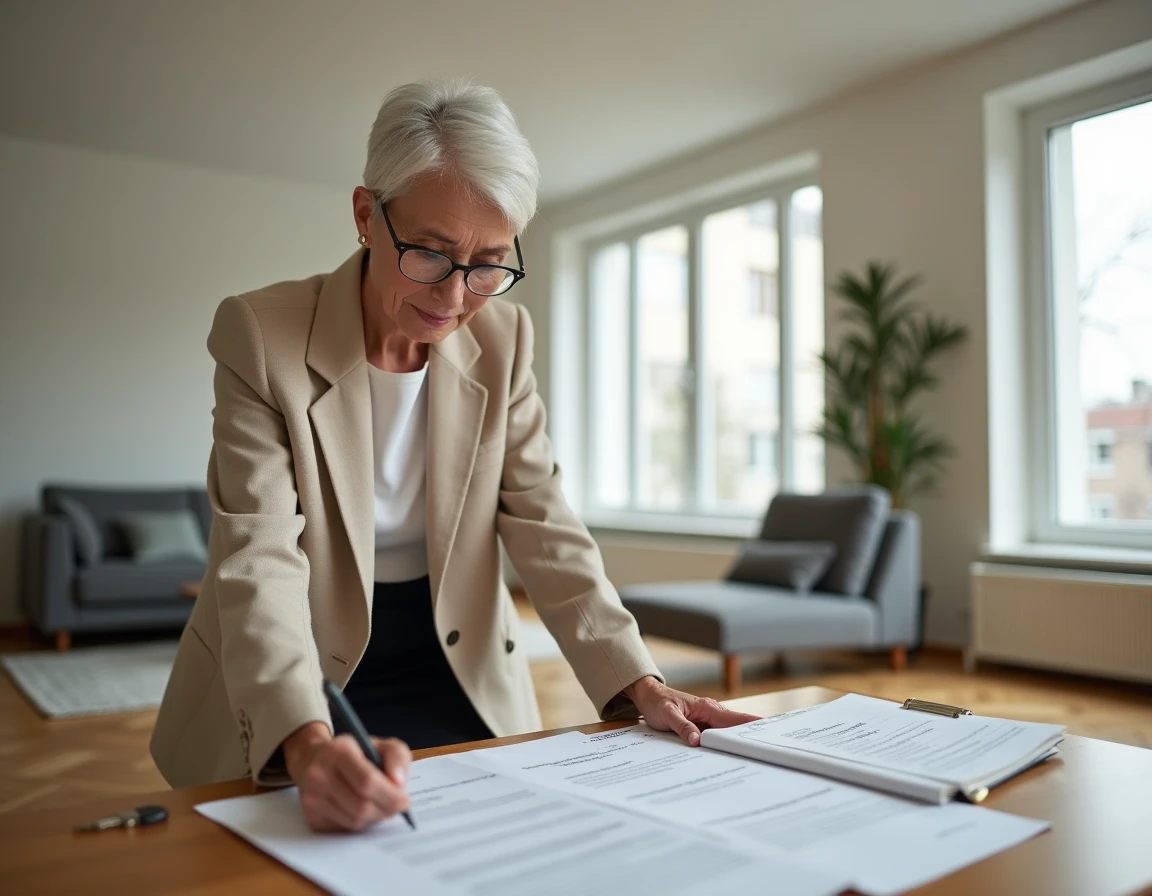 Propriétaire vérifiant un état des lieux avec un trousseau de clés sur la table lors de la fin de bail