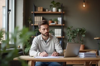 Jeune étudiant concentré avec documents et ordinateur