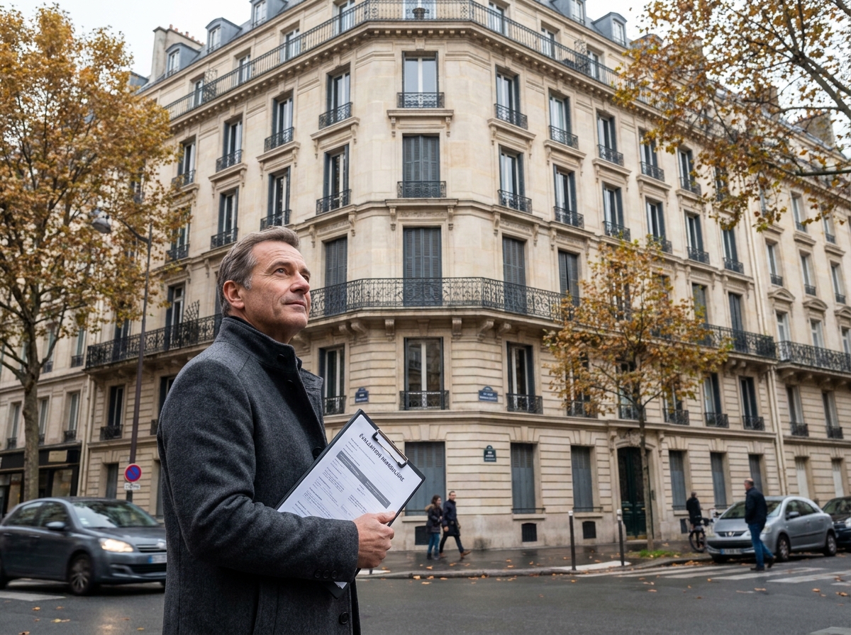 Expert immobilier évaluant la façade d'un immeuble haussmannien à Paris lors d'une expertise terrain