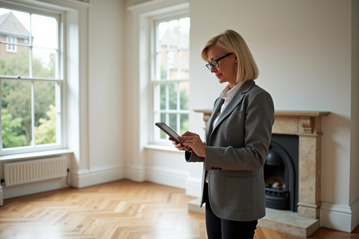 Experte immobilière analysant les finitions intérieures d'une maison pour corriger une estimation surévaluée