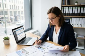 Experte immobilière analysant des documents d'évaluation et des plans de propriété dans un bureau moderne