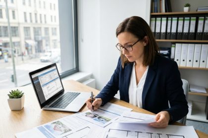 Experte immobilière analysant des documents d'évaluation et des plans de propriété dans un bureau moderne