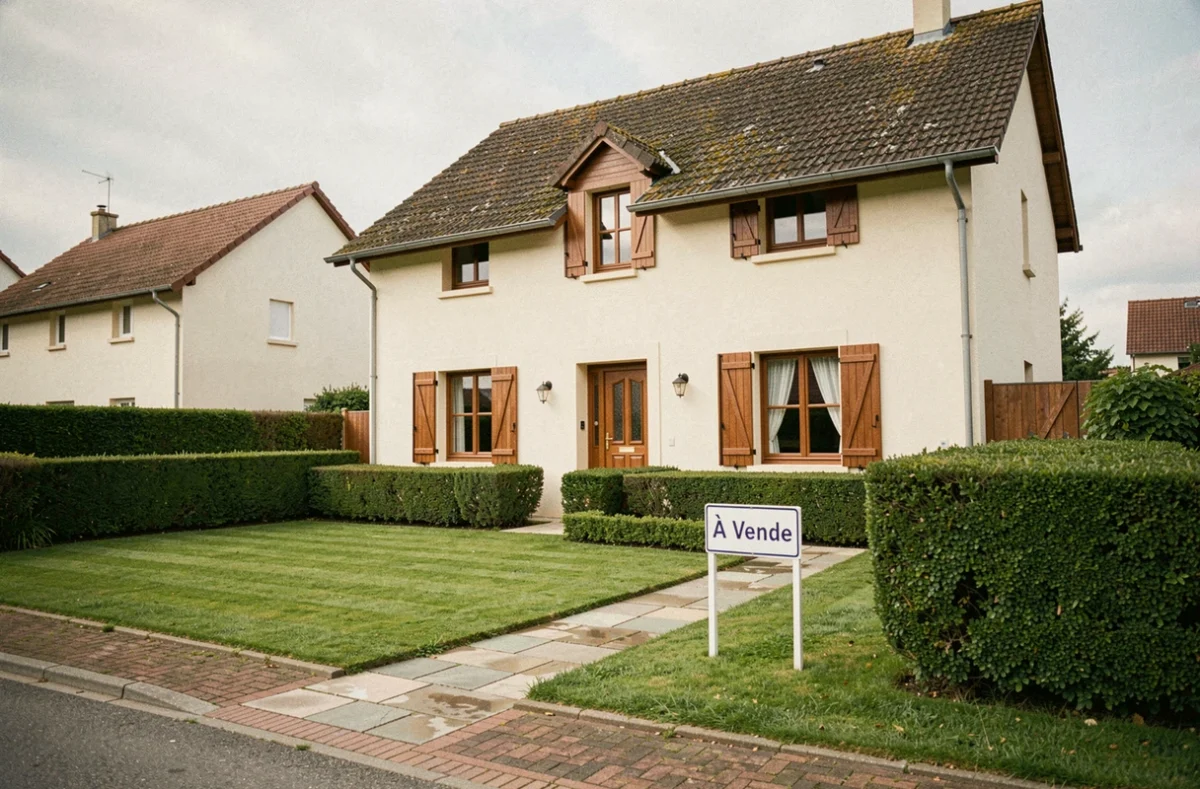 Façade d'une maison à vendre avec panneau immobilier et jardin soigné pour maximiser l'attrait acheteur