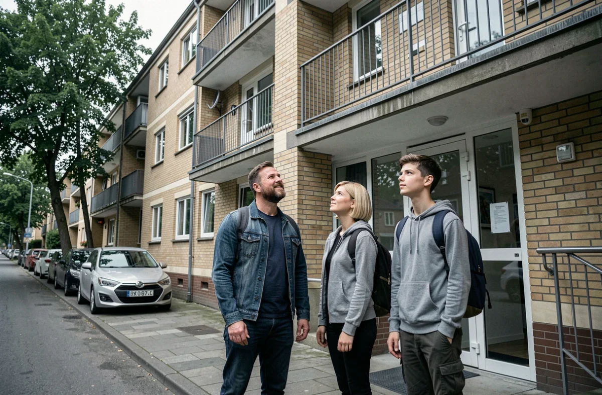 Famille devant un appartement de relogement temporaire en attente de la fin des travaux couverts par leur assurance habitation
