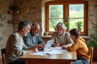 Famille multigénérationnelle réunissant parents et enfants adultes autour d'une table en bois pour étudier des documents de création de SCI familiale dans une maison de campagne