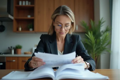 Femme d'affaires lisant des documents à la maison