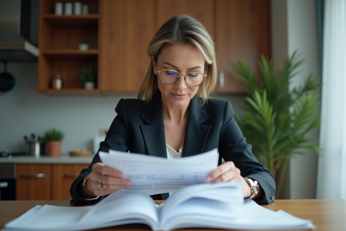 Femme d'affaires lisant des documents à la maison