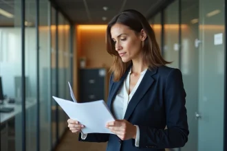 Femme d affaires en blazer examinant des papiers dans un bureau moderne