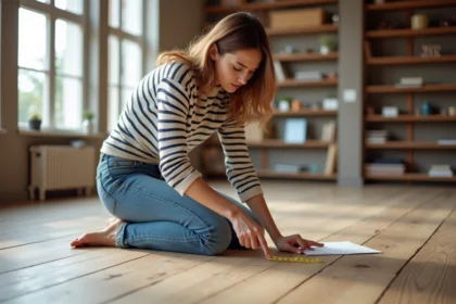 Femme mesurant et dessinant un plan dans un salon lumineux