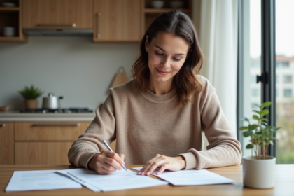 Femme concentrée remplissant un dossier Action Logement