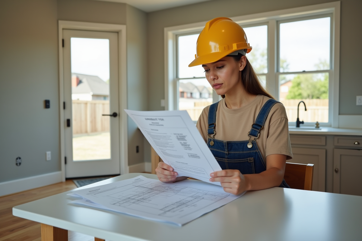Jeune femme en travaux examinant des documents dans une maison rénovée