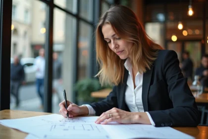 Femme en tenue professionnelle examinant des plans à Lyon