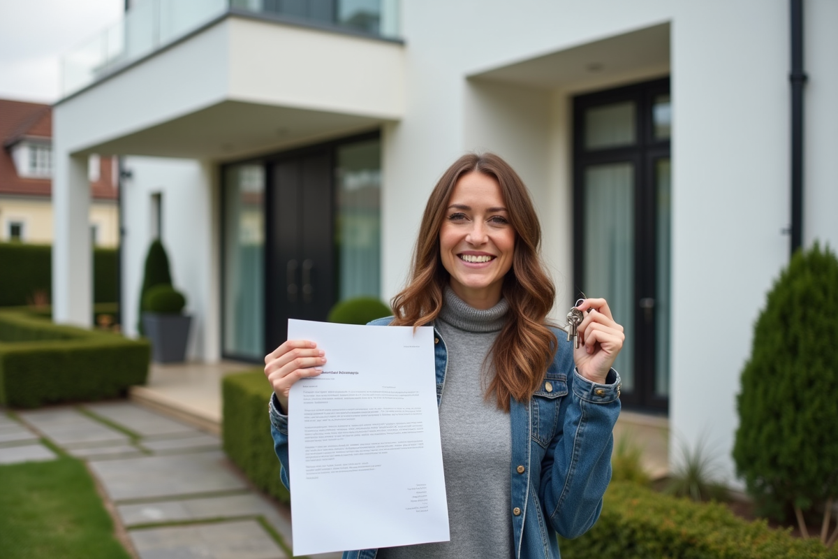 Femme souriante tenant des clés devant sa maison