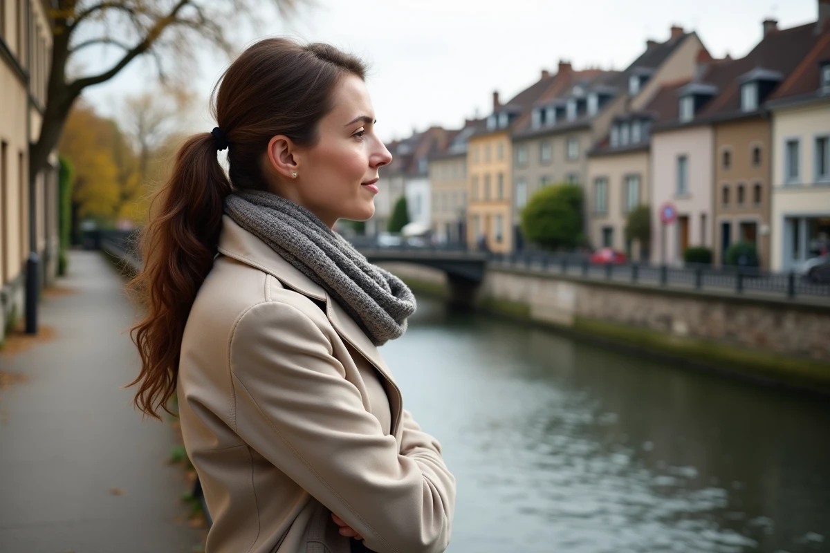 Jeune femme contemplant la Dordogne depuis un pont à Bergerac