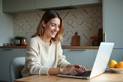 Femme souriante dans sa cuisine avec ordinateur portable