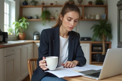 Jeune femme en bureau avec papiers et ordinateur
