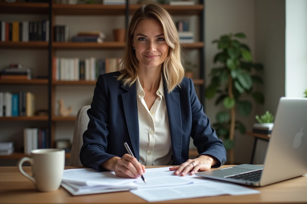Femme célibataire investisseure en immobilier révisant les statuts de sa SCI seule dans un bureau moderne