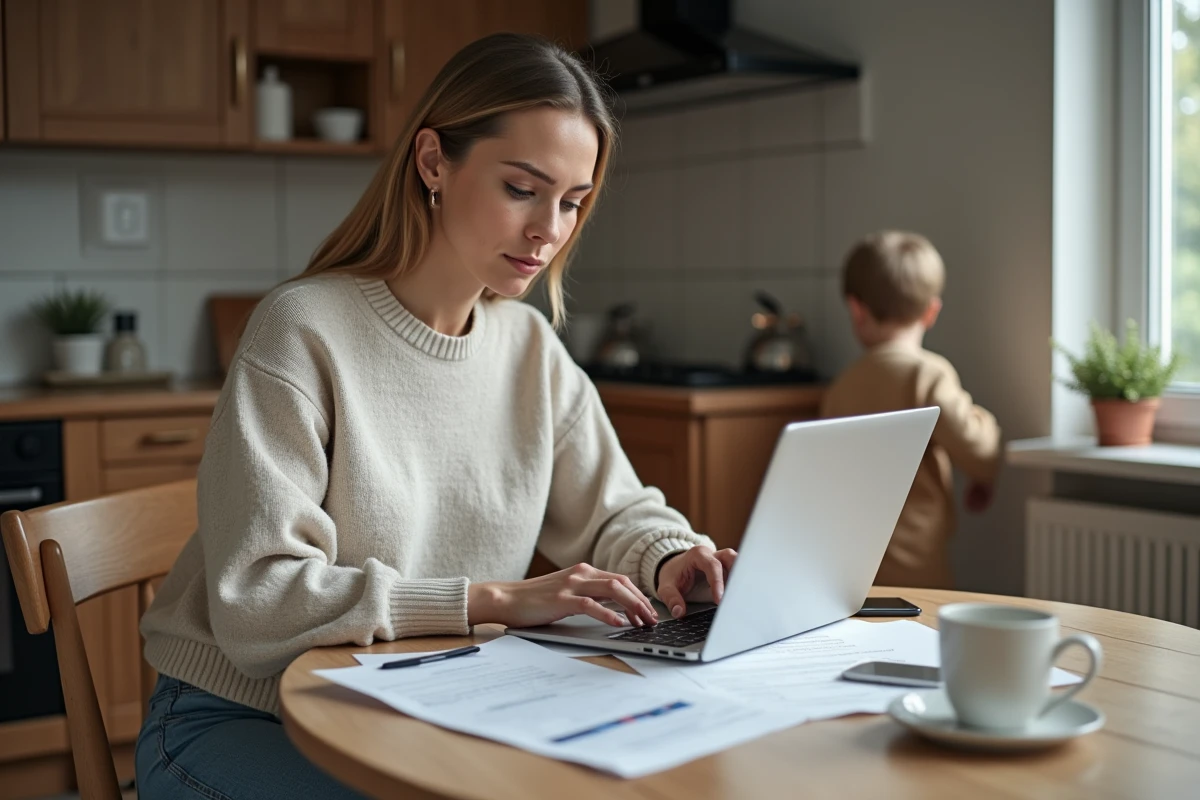 Femme à la maison consulte un calcul de loyer sur son ordinateur
