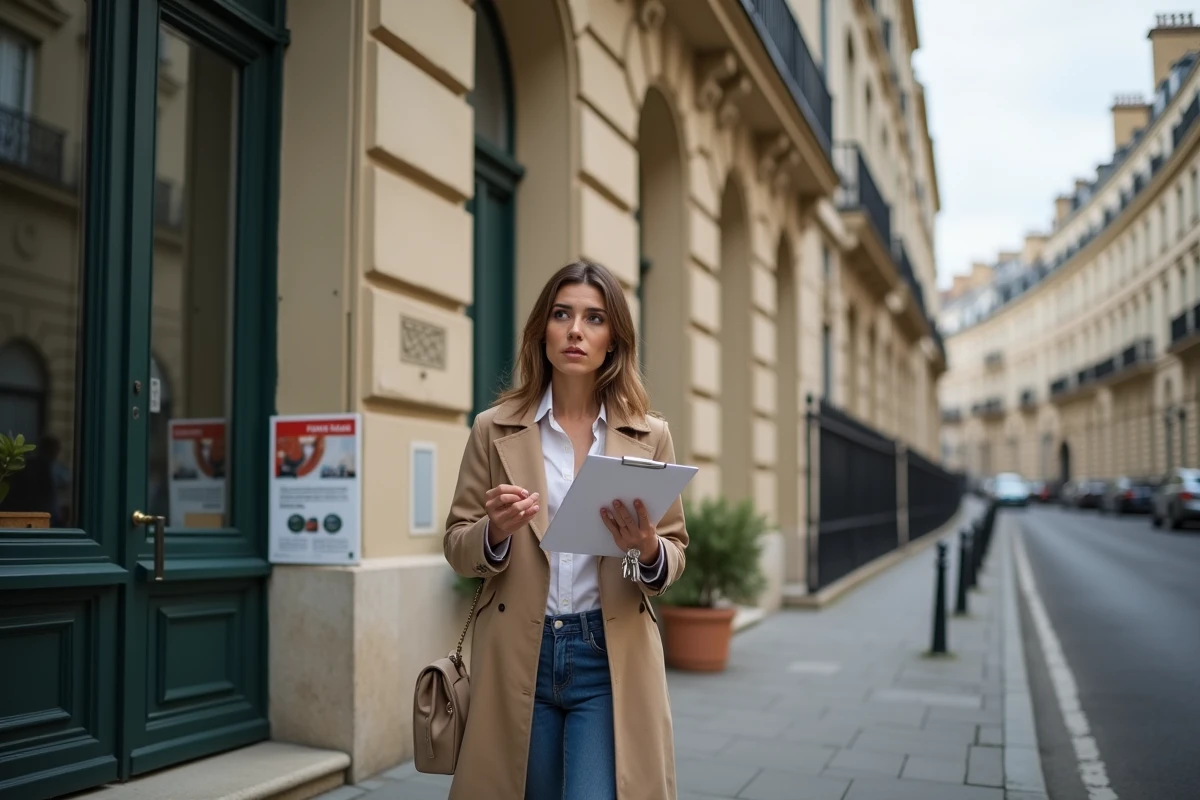 Femme tenant des clés devant une maison en pierre en ville