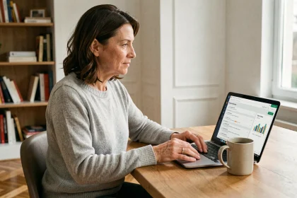 Femme consultant son espace copropriété en ligne sur un ordinateur portable depuis son appartement
