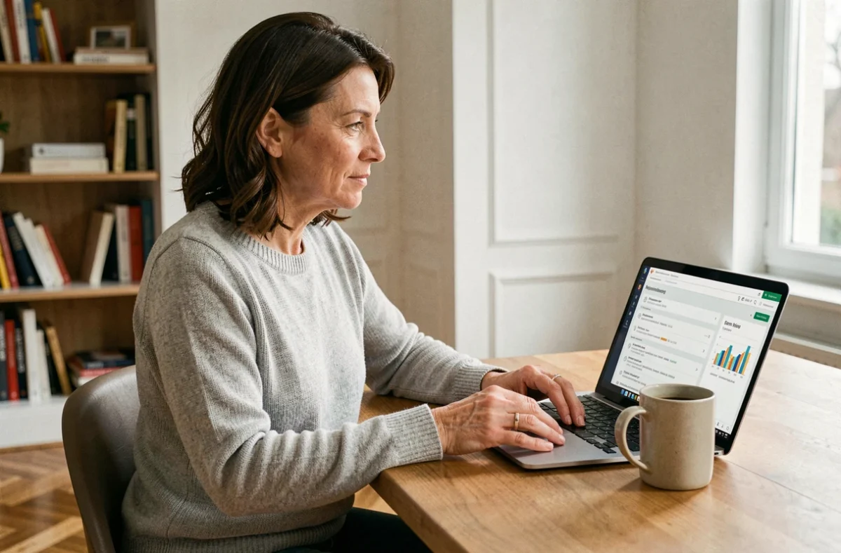 Femme consultant son espace copropriété en ligne sur un ordinateur portable depuis son appartement