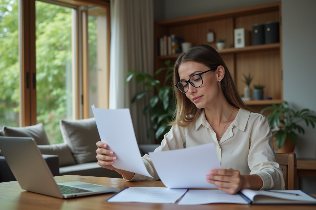 Femme consulte documents d