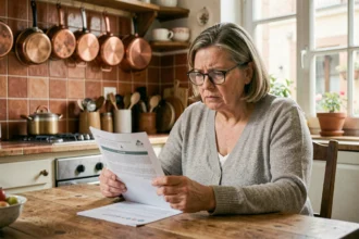 Femme consultant son contrat d'assurance habitation à la table de sa cuisine